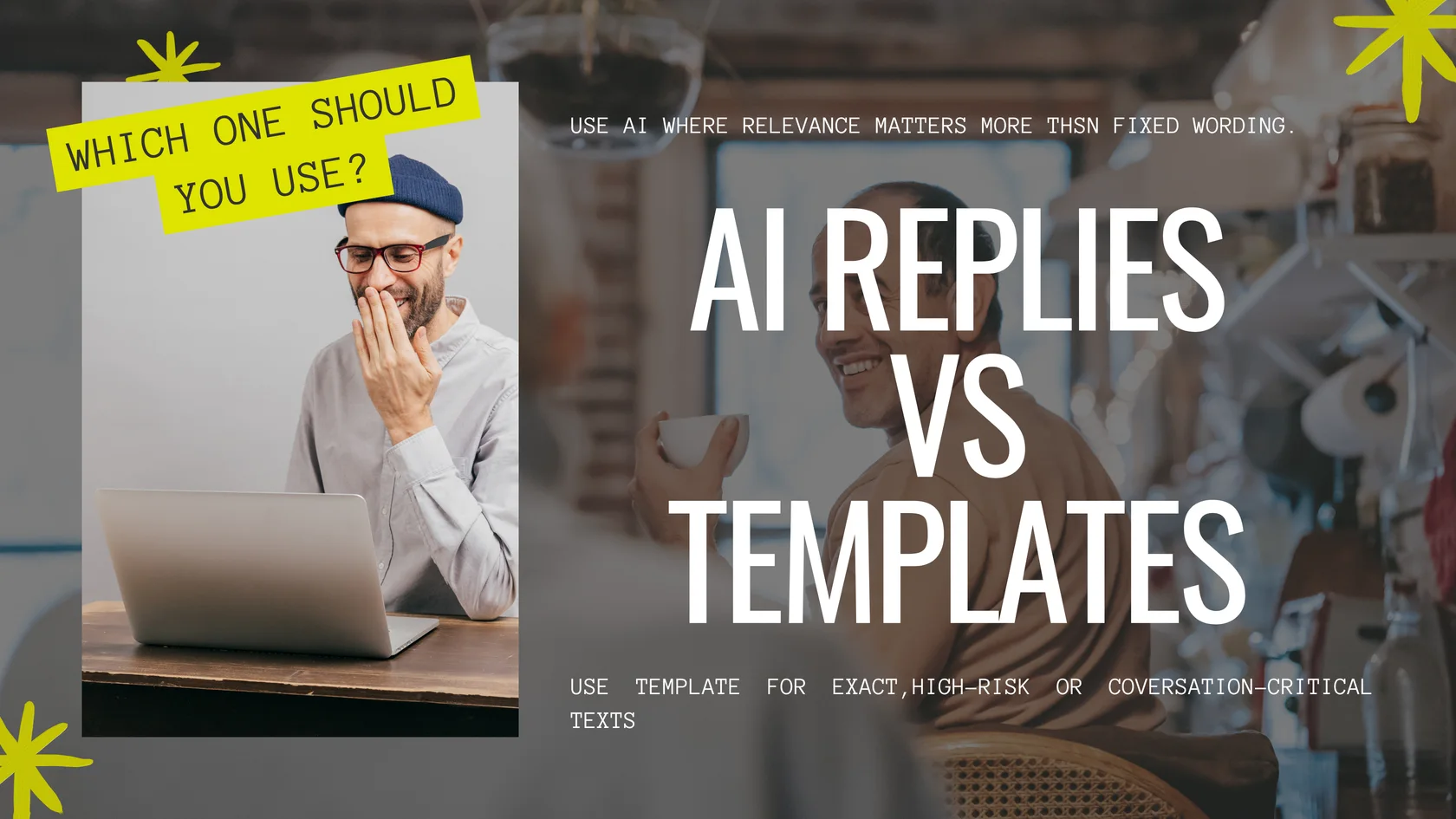 Split-screen comparison asking whether Instagram teams should use AI replies or message templates