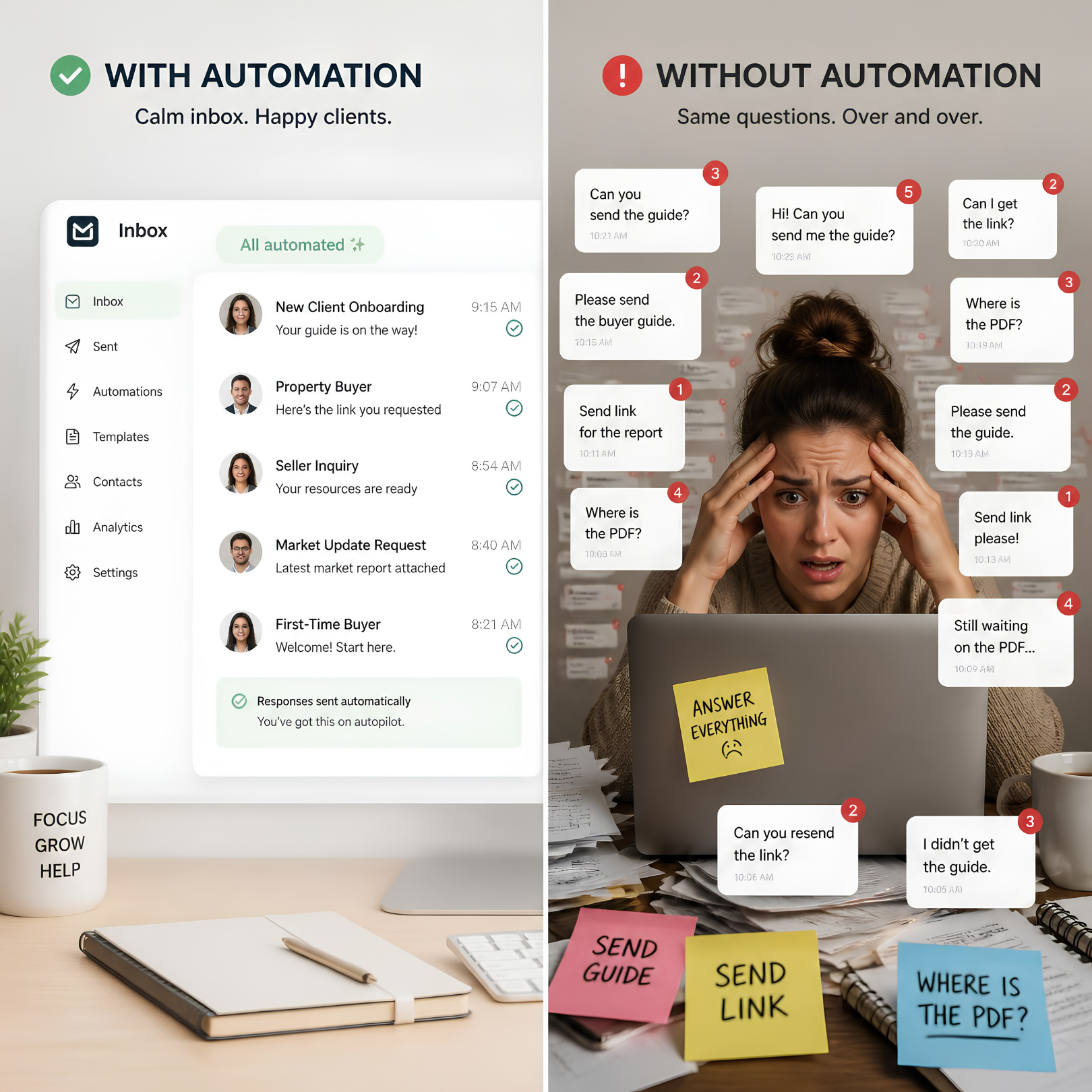 Comparison of a calm automated inbox and an overwhelmed manual lead magnet workflow