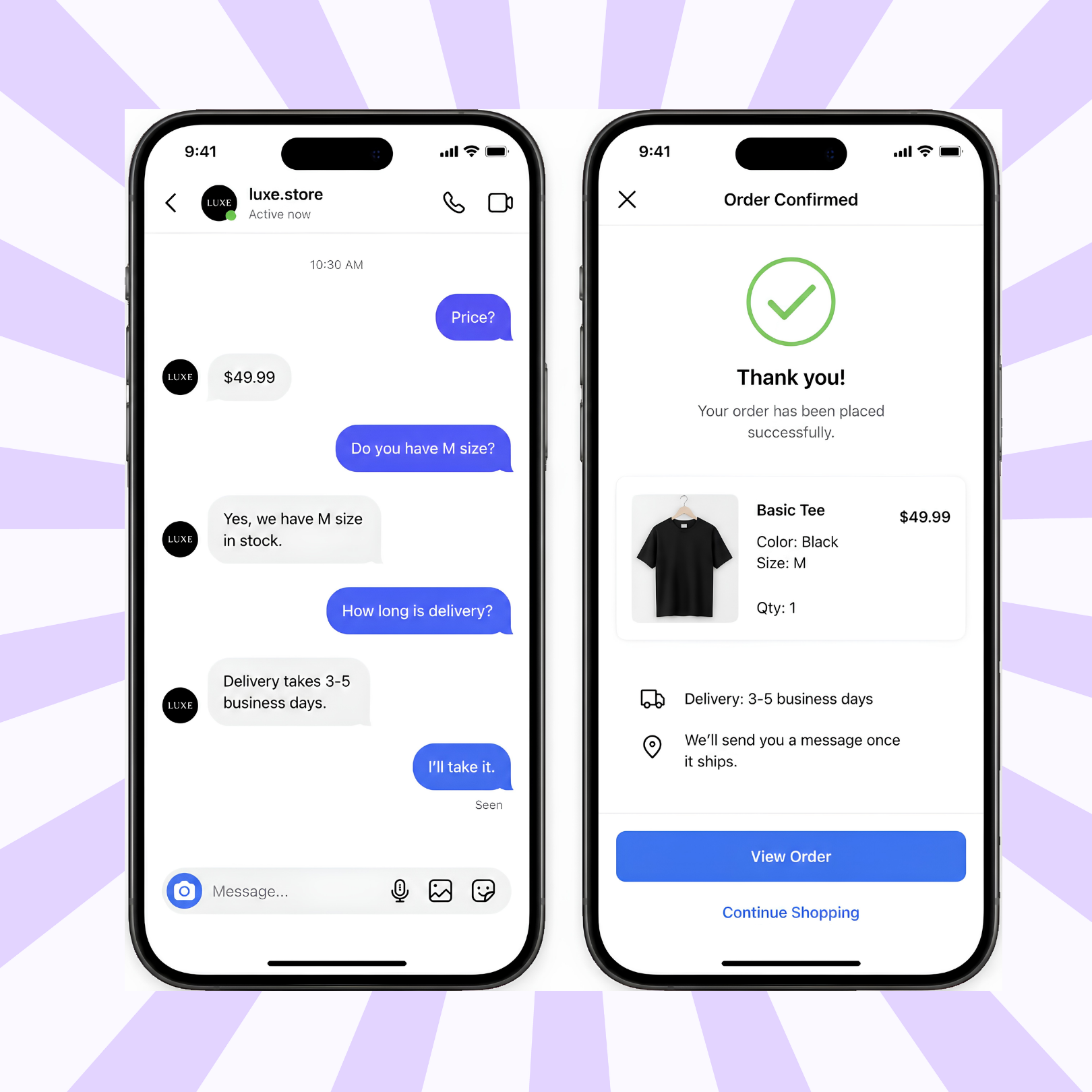 Instagram DM conversation moving from a price question to an order confirmation