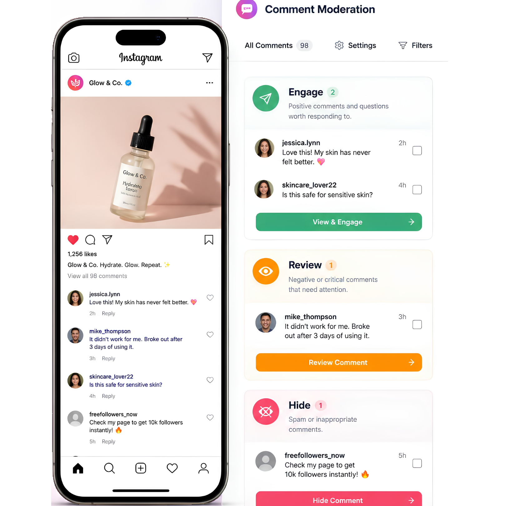 Instagram comment moderation organizing comments into engage, review, and hide categories