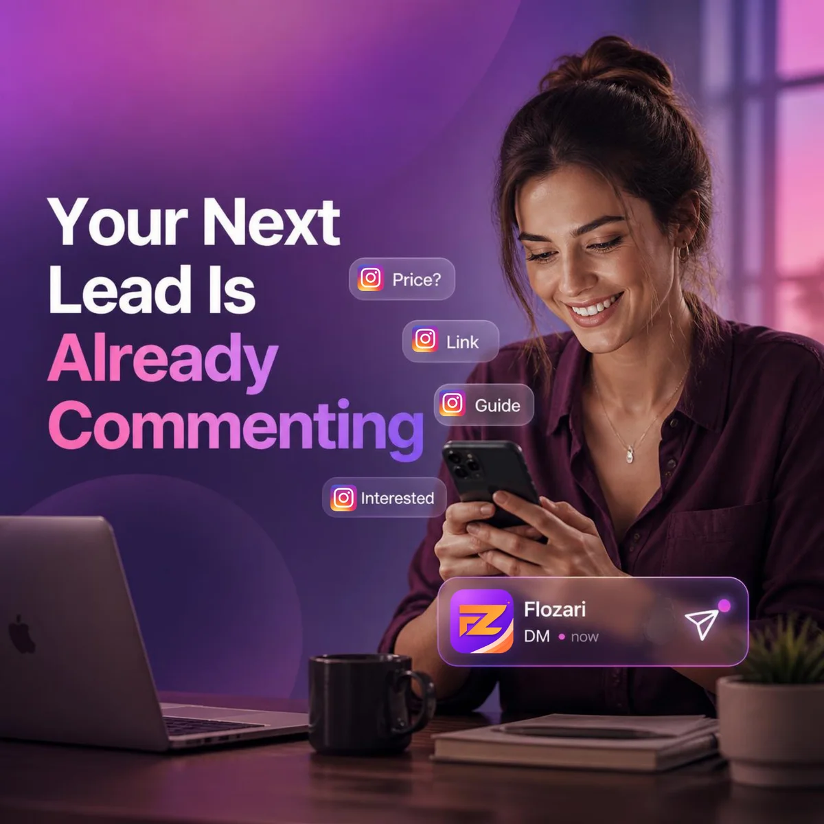 Creator receiving Instagram comments for price, links, guides, and offers before Flozari sends a DM