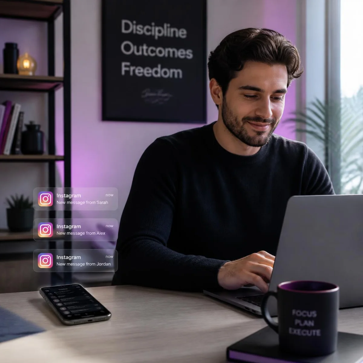 Business owner managing several Instagram lead messages from a laptop