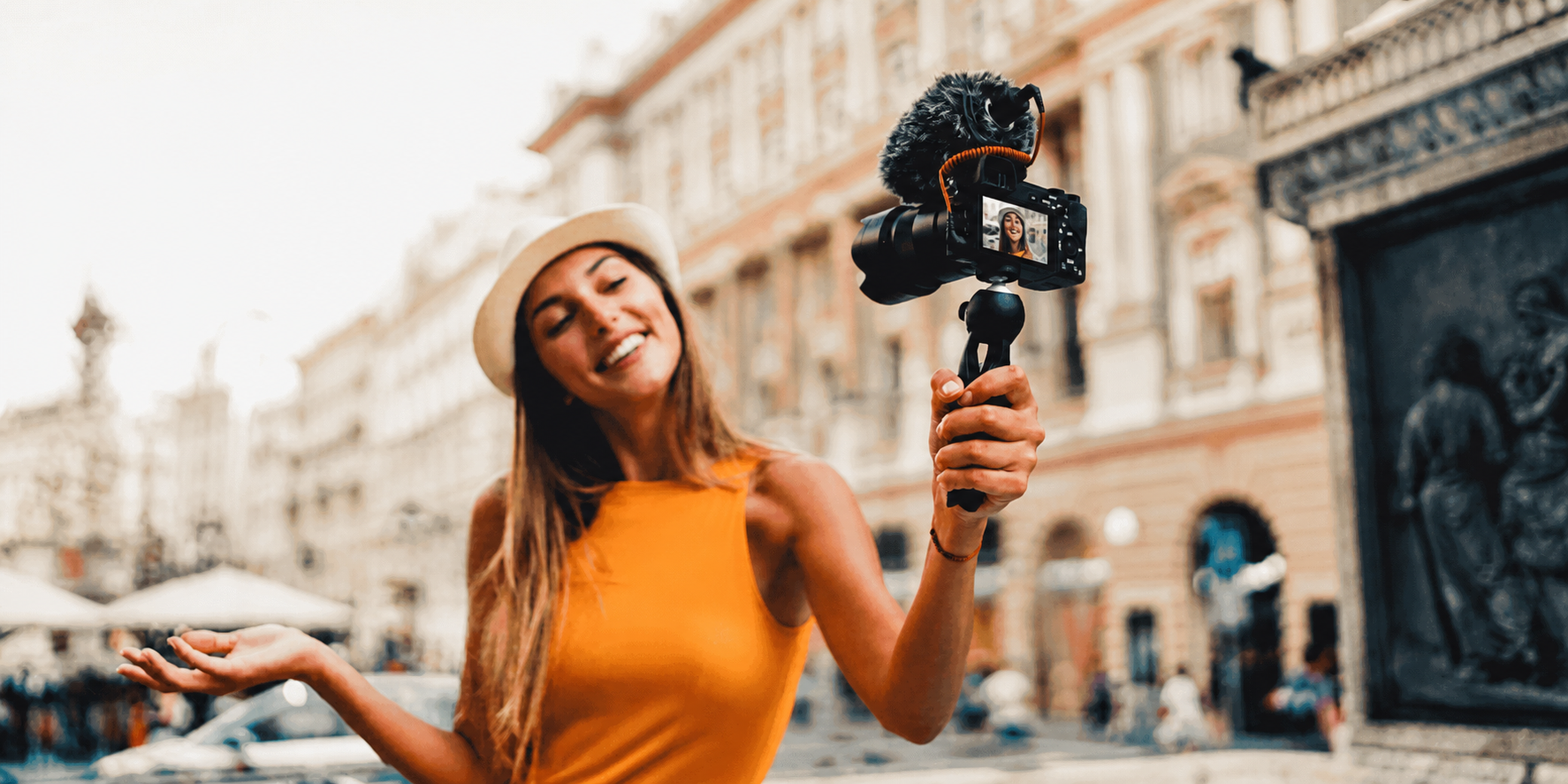 AI influencer filming outdoor video content with a camera and microphone