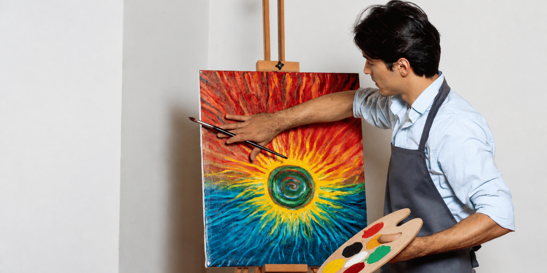 Visual artist presenting a colorful abstract painting with brushes and a palette